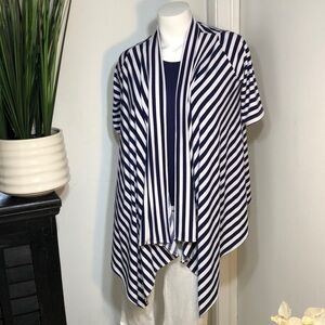 Miuse Navy Stripe Cascading‎ Open Front Stretchy Knit Cardigan Jacket